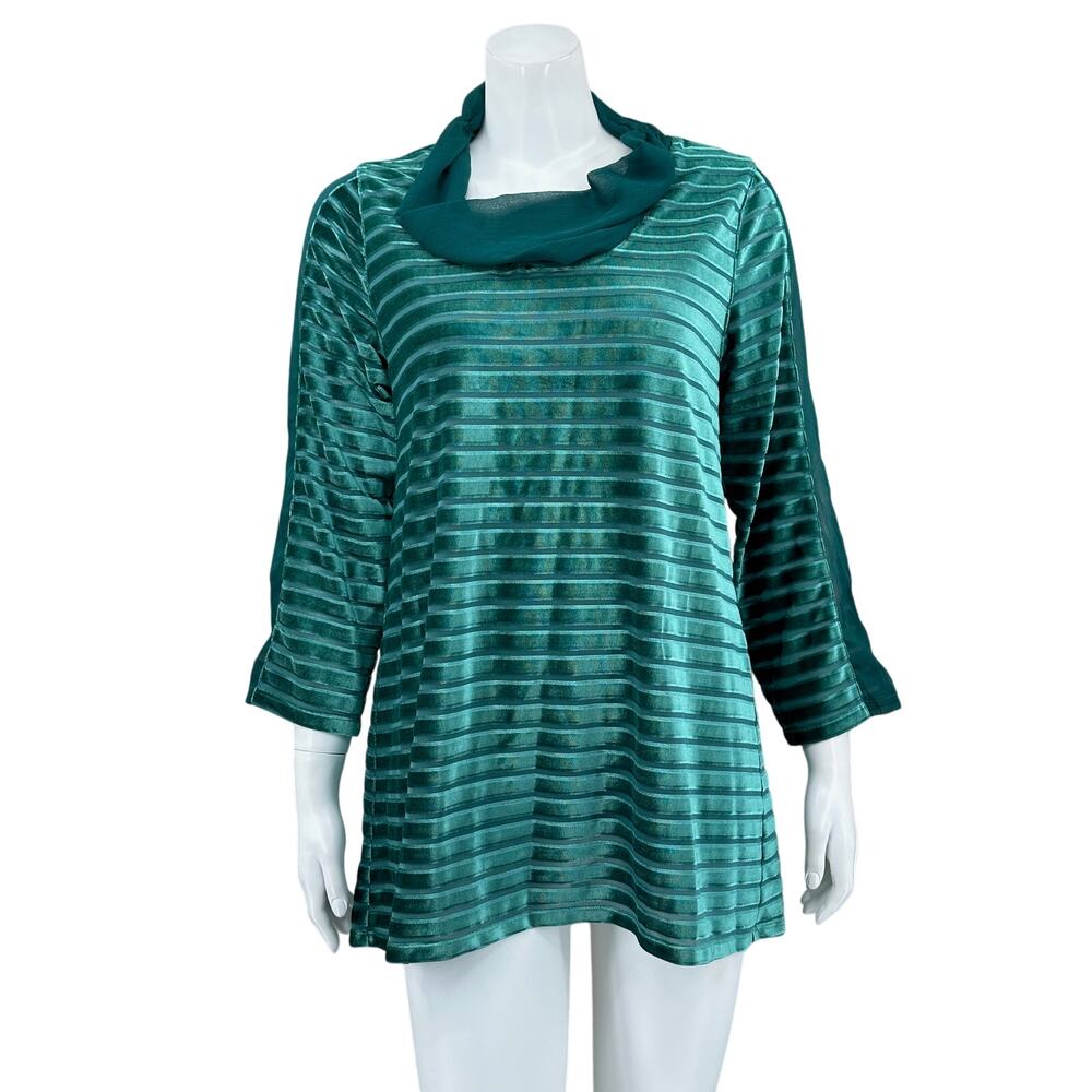 Soft Surroundings Top Women Small Green Sheer Velvet Stripe Cowl Neck Whimsigoth